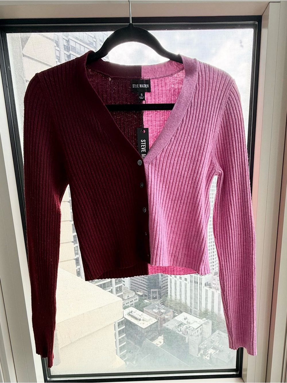 NWT Steve Madden Women’s Burgundy & Pink Cardigan ~ Cropped Ribbed V-Neck ~ S